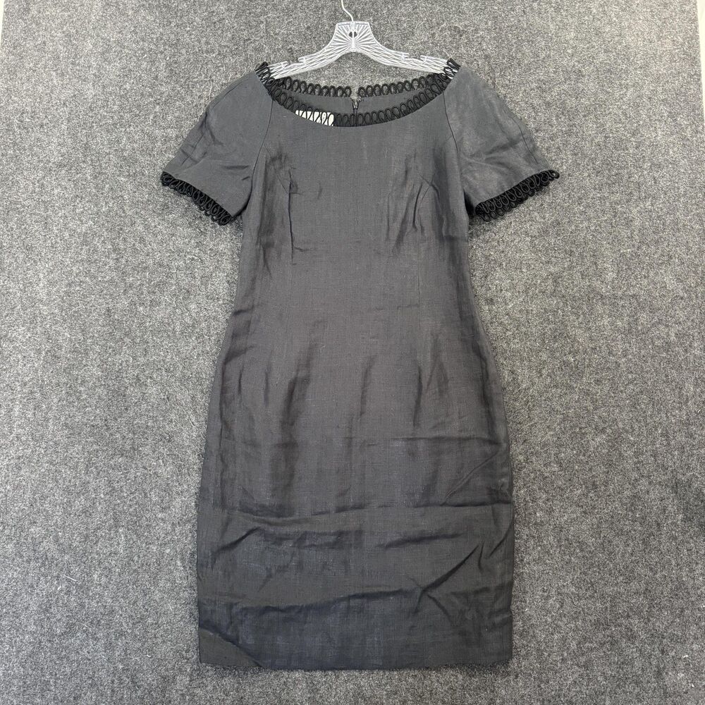 Vintage Scaasi Dress Women's 8 Black Linen Sheath Short Sleeve Crochet Trim USA